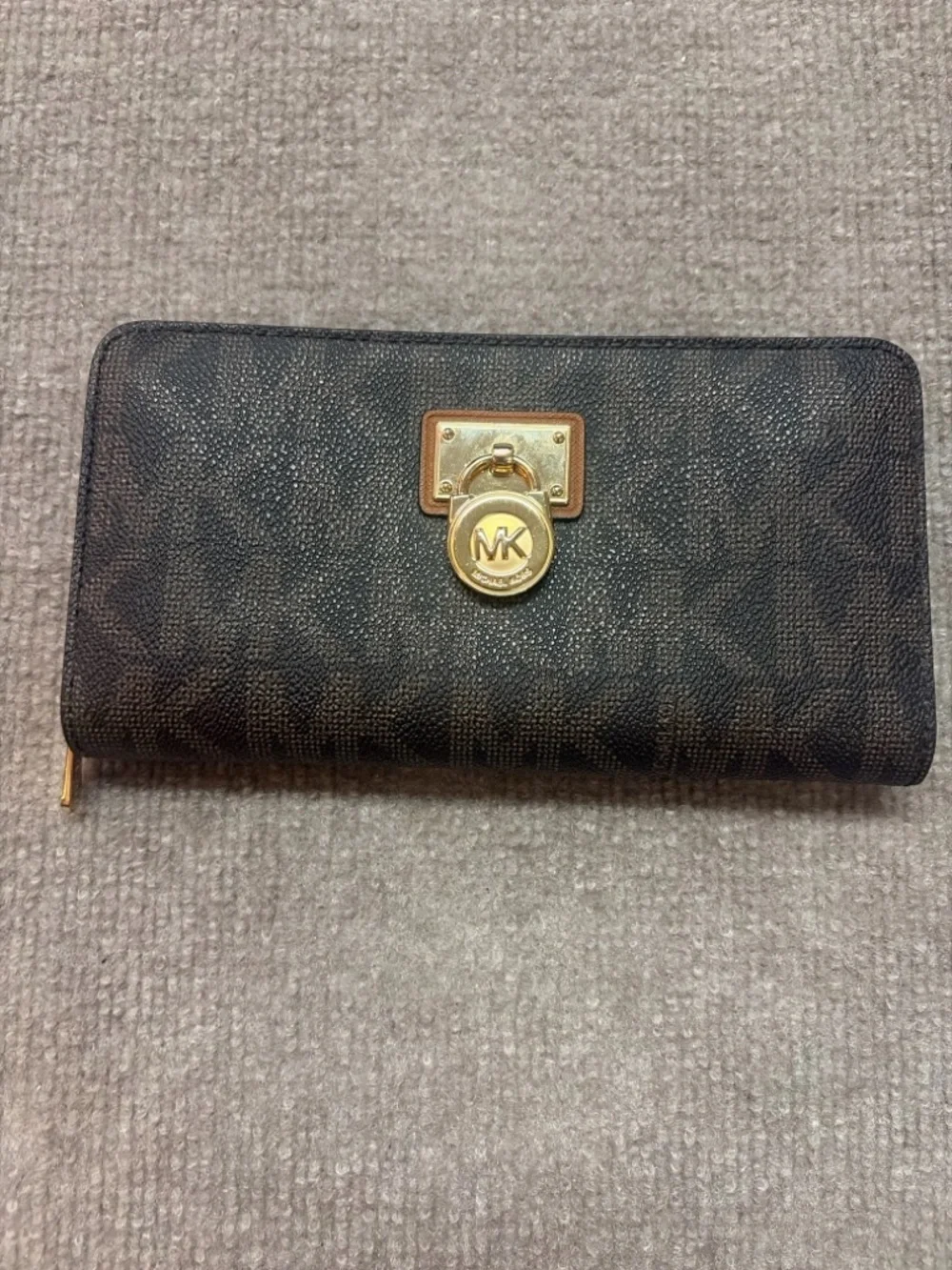 Michael Kors Dark Brown MK Monogram Continental Wallet with Gold Charm